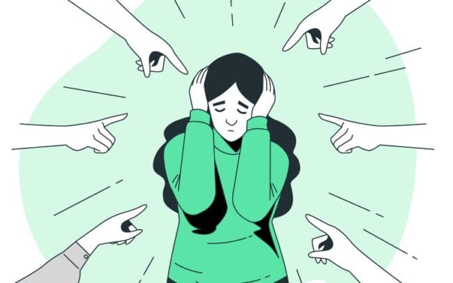 illustration of woman with fingers pointing towards her representing feeling shameful