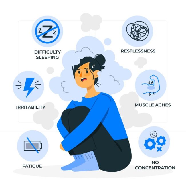 graphic of a woman in a blue top sitting down contemplating the menopause