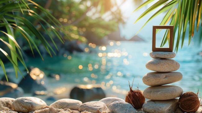 relaxing beach stone podium representing relaxing with RTT hypnotherapy for shedding weight