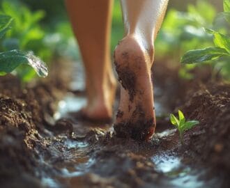 wpman walking bare foot on a muddy path in a forest representing grounding techniques