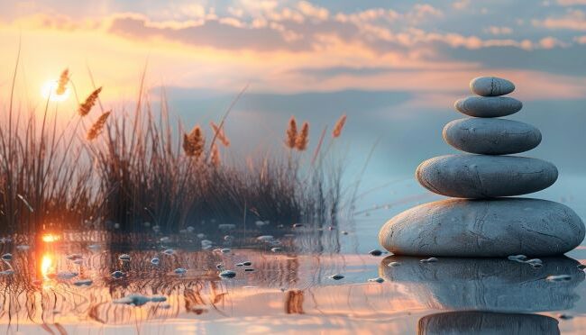 zen stones with sunset calm late representing prioritising yourself rather than people-pleasing