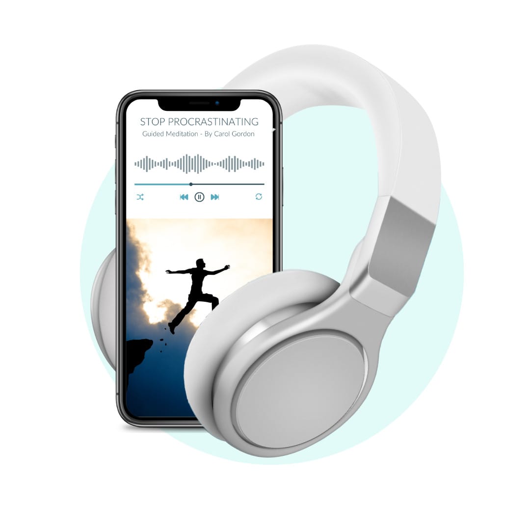 Mobile phone and headphones playing stop procrastinating self-hypnosis recording
