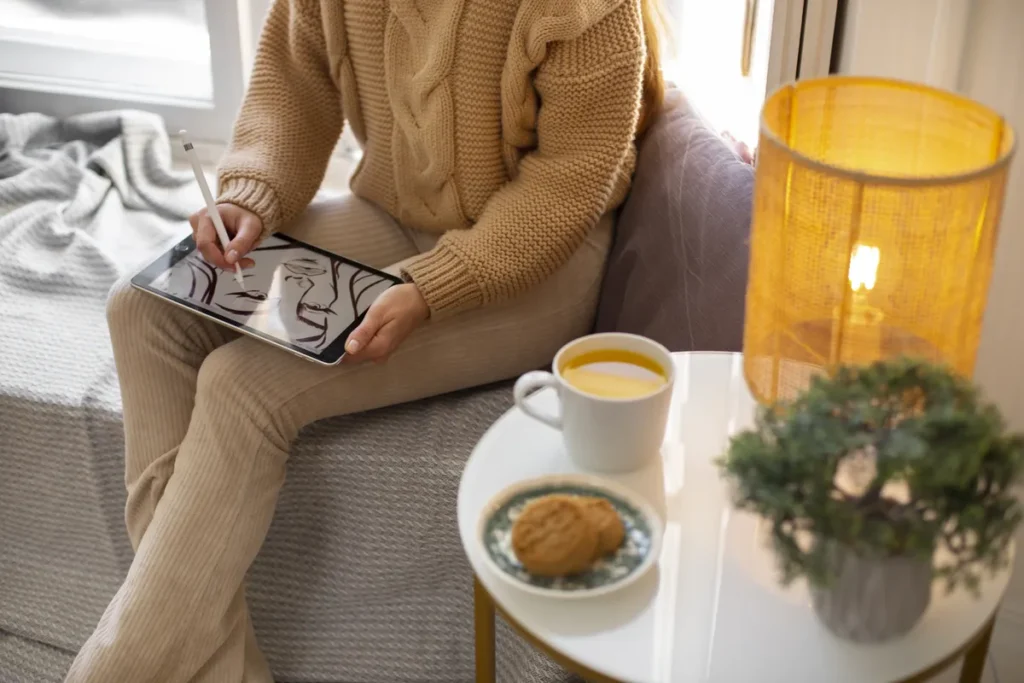 Person reflecting with a notebook and warm drink while exploring coping mechanisms and emotional wellbeing