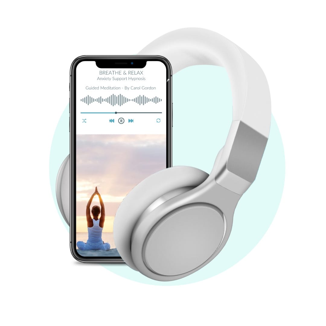 Smartphone playing 'Breathe and Relax' self-hypnosis recording with headphones wrapped around it – designed for anxiety relief and relaxation.