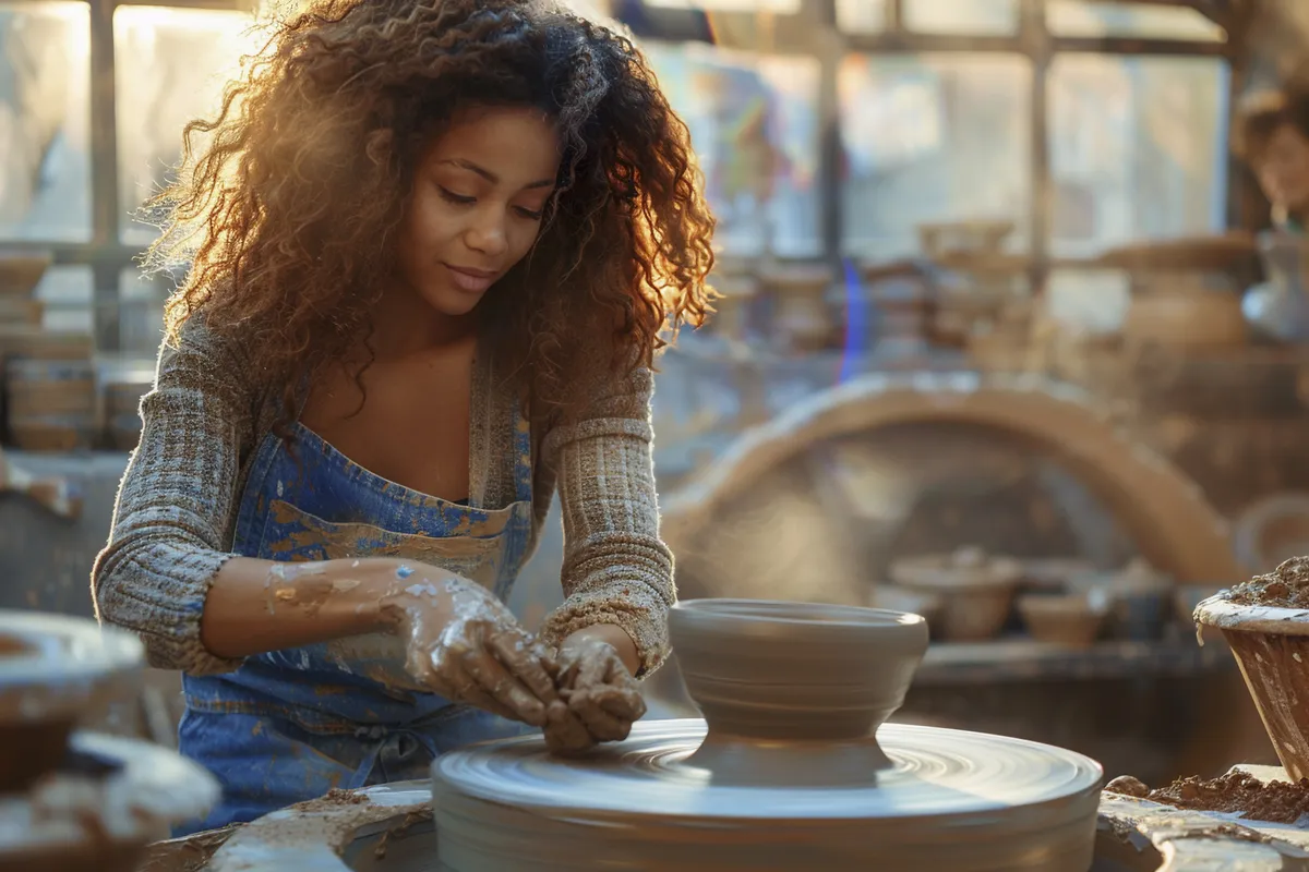 Woman making pottery on a wheel while learning through practice and imperfection
