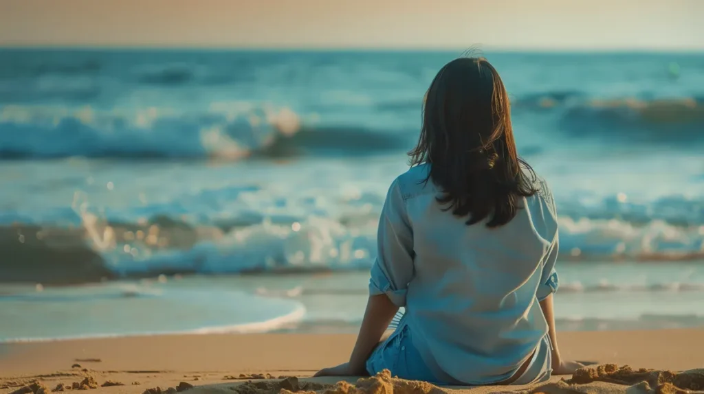 Woman sitting by the sea reflecting on mindset, personal growth, and achieving goals
