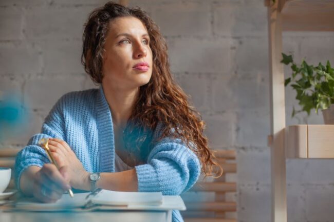 Woman in a cosy sweater standing by the sea with arms crossed, gazing into the distance, reflecting on possibilities and personal growth.