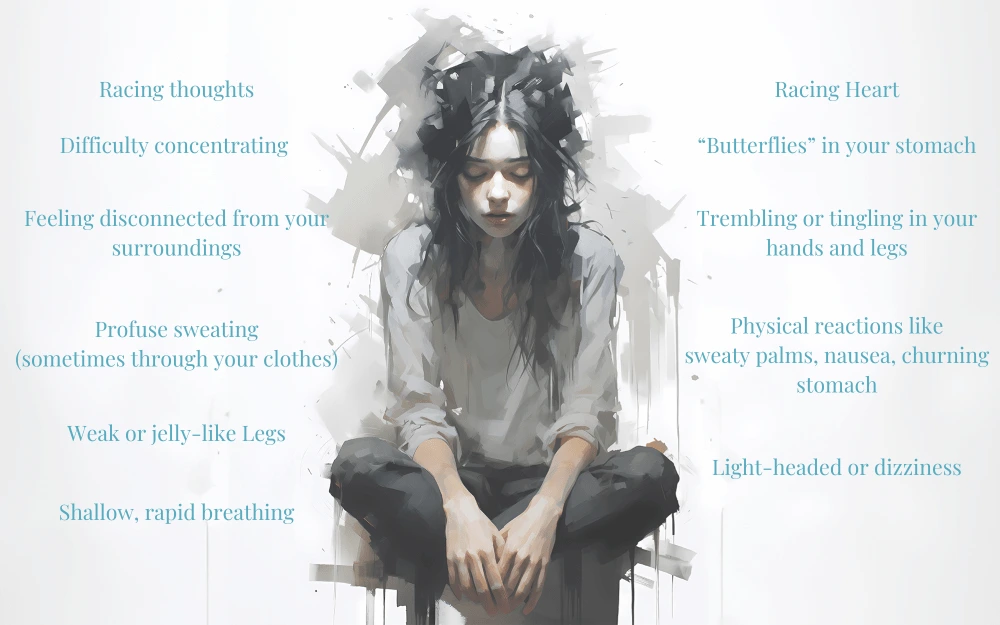 Illustration of an anxious woman with her head down