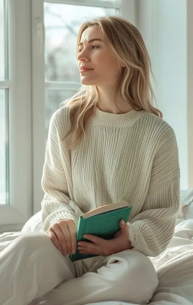 Woman sitting with a book before an online counselling session at Clear Haven Therapy