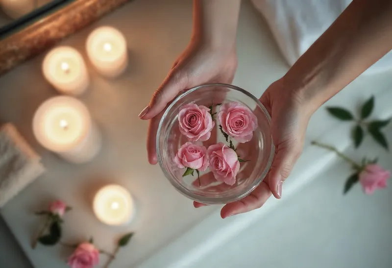 Hands gently cradling a glass bowl of pink roses surrounded by soft candlelight