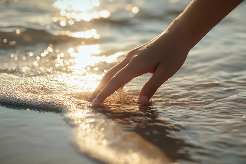 Hand touching the surface of the sea in soft shimmering light