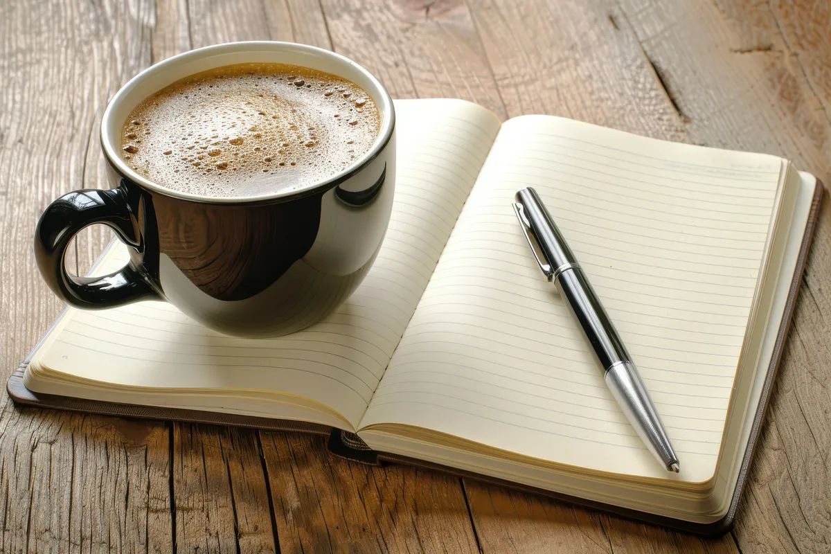 Notebook and coffee beside online therapy pricing information.